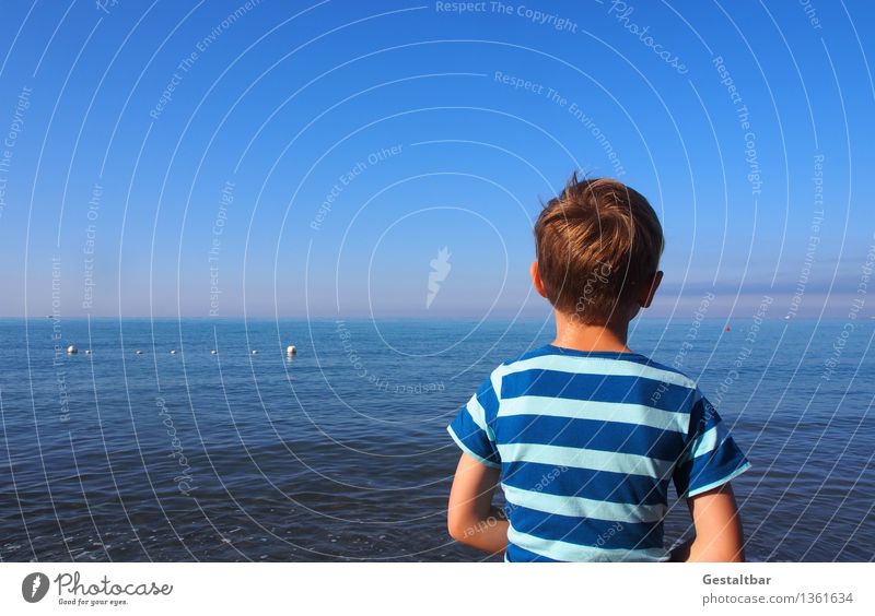 Boy looks at the sea. Human being Masculine Child Boy (child) Brother Head Hair and hairstyles Back 1 3 - 8 years Infancy Nature Landscape Water Sky
