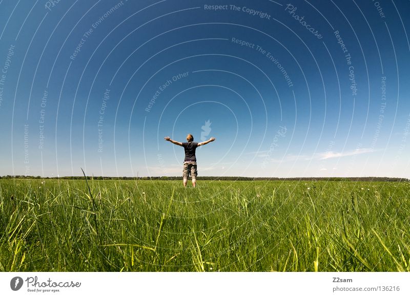 freedom April Relaxation To enjoy Grass Green Light blue Man Masculine Cap Rest Sky Summer Sunday Jump Style White Meadow Clouds Physics Juicy Force Calm Free
