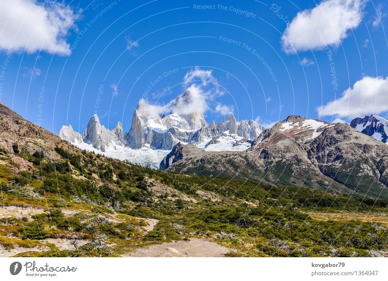 Peaks of Fitz Roy in the valley, El Chalten, Argentina Snow Mountain Hiking Climbing Mountaineering Nature Landscape Sky Park Rock Glacier Lake Blue Patagonia
