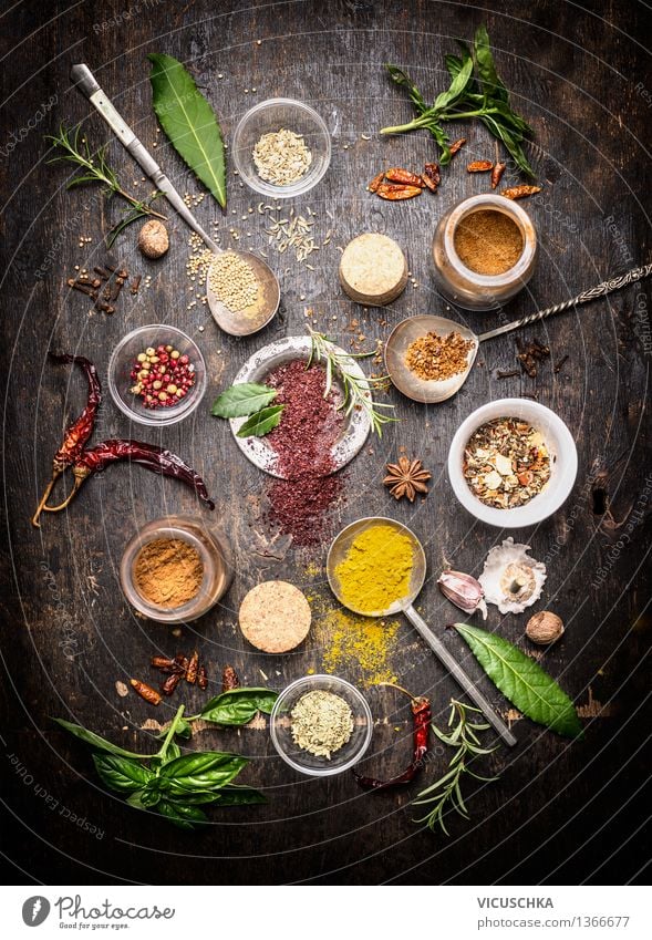 Hot Spices and Fresh Aroma Herbs Composing Food Herbs and spices Nutrition Organic produce Vegetarian diet Diet Slow food Asian Food Bowl Spoon