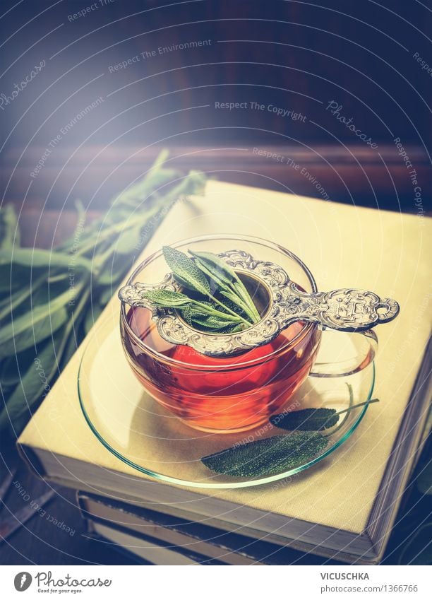 Herbal tea with sage in a cup on a pile of books Herbs and spices Organic produce Beverage Hot drink Tea Cup Glass Spoon Lifestyle Style Design