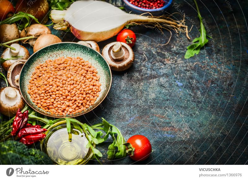 Lentils with fresh vegetables and ingredients for cooking Food Vegetable Lettuce Salad Grain Herbs and spices Cooking oil Nutrition Lunch Dinner Organic produce