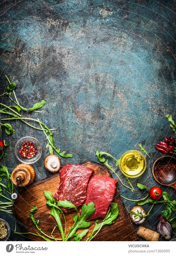 Beef steak and fresh ingredients for delicious cooking Food Meat Vegetable Lettuce Salad Herbs and spices Cooking oil Nutrition Lunch Dinner Banquet