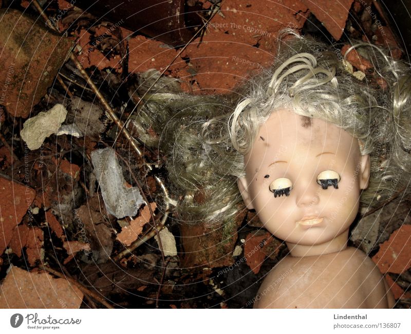 USED Second-hand Broken Dirty Closed Blonde Loneliness Grief Barbie Girl Toys Distress Doll bottom Eyes used Beetle Mouth Nose roof tiles raped offloaded Death