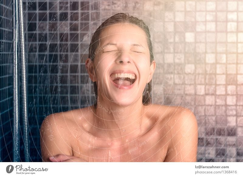 Happy Bare Young Woman Taking Shower Lifestyle Face Relaxation Bathroom Adults Mouth 1 Human being 30 - 45 years Brunette Laughter Scream Naked Wet Natural