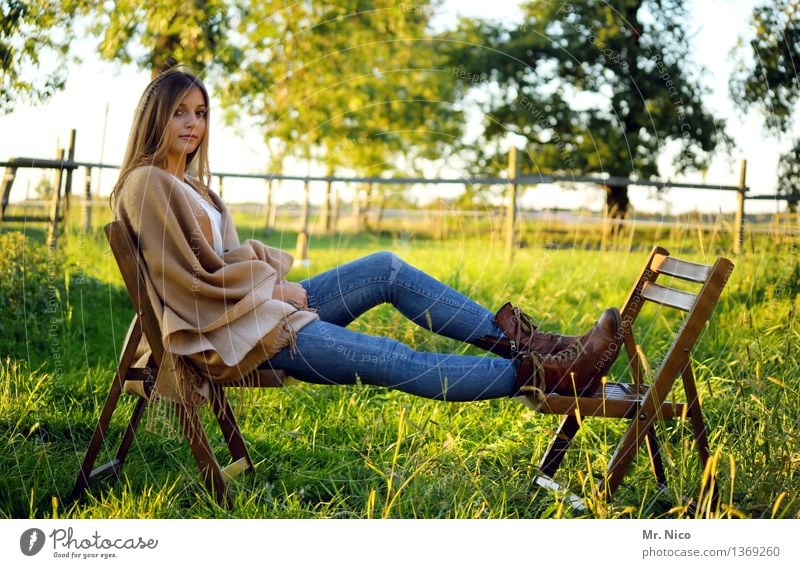 waiting for the end. Meadow Grass Tree Nature Long-haired Chair Willow tree Break Sit Green To enjoy Wait Warmth Cool (slang) Summery Relaxation Calm Fashion