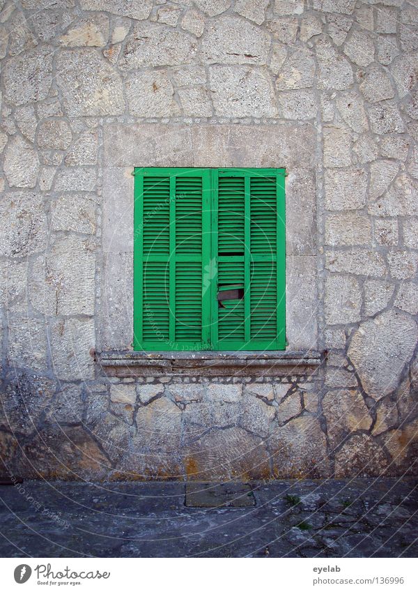 siesta Wall (barrier) Pattern Window board Green Gray Closed Dark Aperture Midday Safety House (Residential Structure) Building Spain Majorca Vacation home