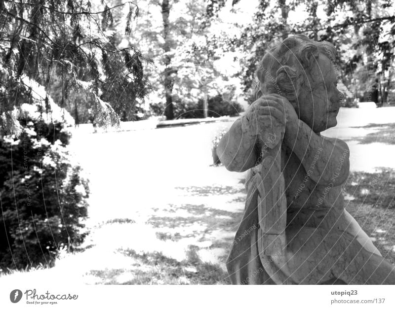Rammenau Park Black & white photo Exterior shot Detail Deserted Day Contrast Sunlight Back-light Central perspective Profile Looking away Androgynous