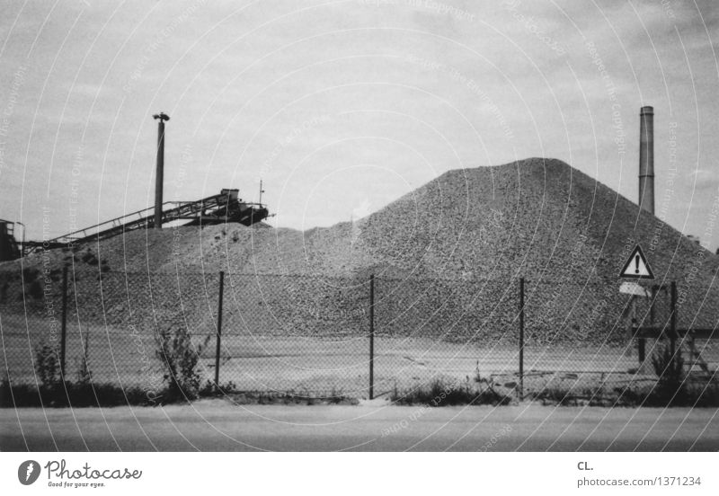 ! Work and employment Economy Industry Sky Clouds Street Fence Chimney Conveyor belt Sand Gloomy Stagnating Industrial plant Industrial site Black & white photo