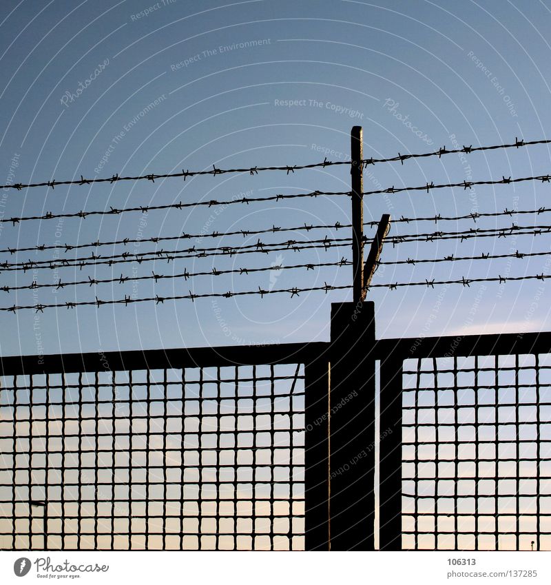 THE BORDER IN HIS HEAD Border East Fence Barbed wire Floodgate Closed Exclusion zone Pain Grating Barrier Zone Captured Cage Block Divide Clouds Sky Peace
