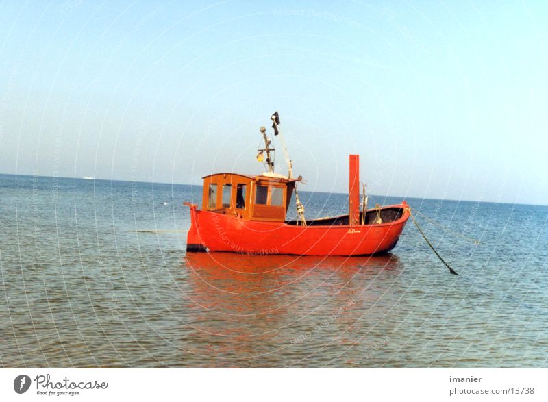 fishing boat Watercraft Fishing boat Red Ocean Beach Summer Europe Baltic Sea