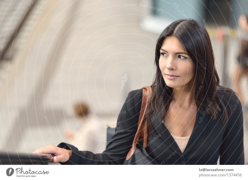 Woman on escalator Shopping Happy Face Calm Business Adults Hand Architecture Transport Escalator Brunette Friendliness Self-confident Ascending attractive