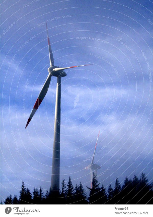 whisk Wind energy plant Forest Clouds Energy Alternative White Black Wind direction Industry Aviation Sky Rotor Mountain Technology Blue Weather wind indicator