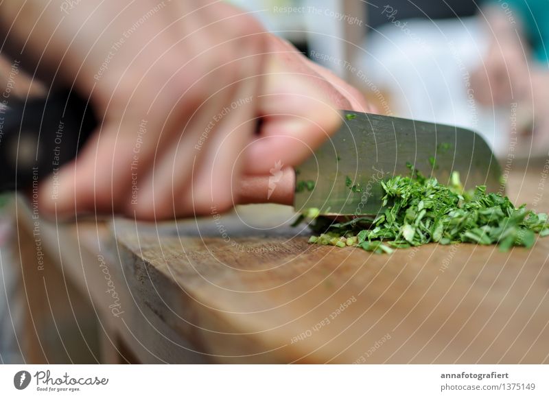 Cutting herbs Food Herbs and spices Knives Cook Fingers Garden Eating Brown Green Wood Wooden board Board Cooking Parsley Colour photo Close-up