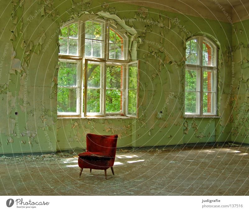 sanatorium House (Residential Structure) Furniture Armchair Chair Room Ruin Building Window Old Creepy Broken Green Red Loneliness Fear Colour Seating Plaster