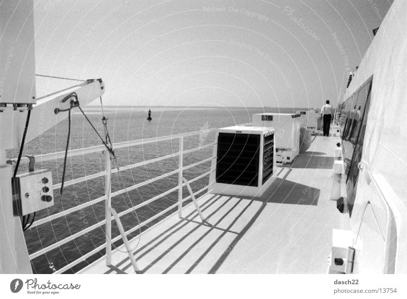 high sea Ferry Upper deck Railing Ocean Watercraft Waves Navigation Black & white photo Sun