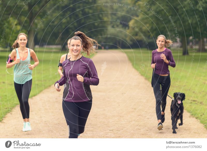 Four Athletic Girls Jog at the Park Lifestyle Relaxation Summer Sports Jogging PDA Woman Adults Friendship Group Pet Dog Fitness Smiling Together Action