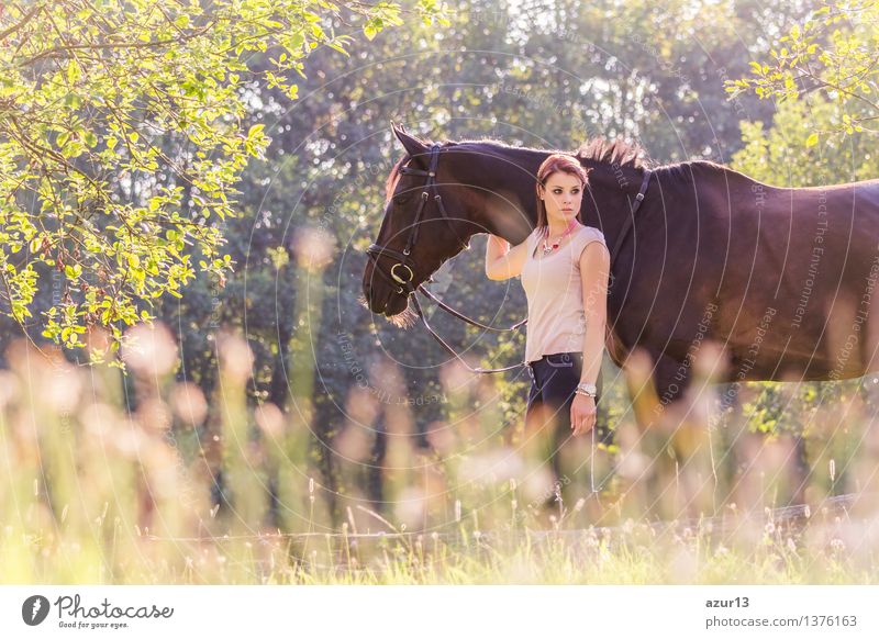 Beautiful young rider woman with horse in nature. Love and friendship between man and animal. Portrait in landscape near horse stable of riding farm with riding school or farm with pet for hobby riding.