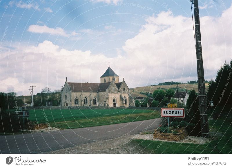Entering Buxeuil Champagne France Village Rural Town sign Historic Church Outskirts Deserted Idyll Picturesque Copy Space top Village road Wine growing