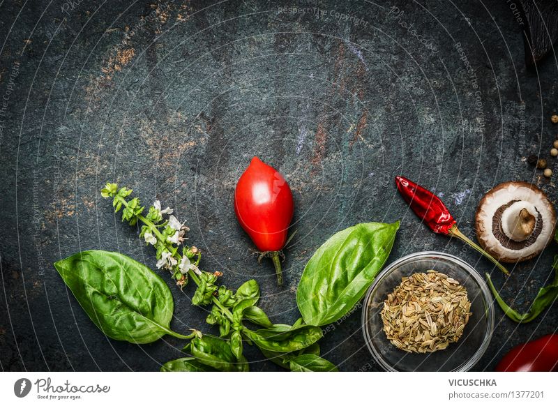 Basil and tomatoes on a rustic background Food Vegetable Herbs and spices Nutrition Organic produce Vegetarian diet Diet Style Healthy Eating Life Summer Table