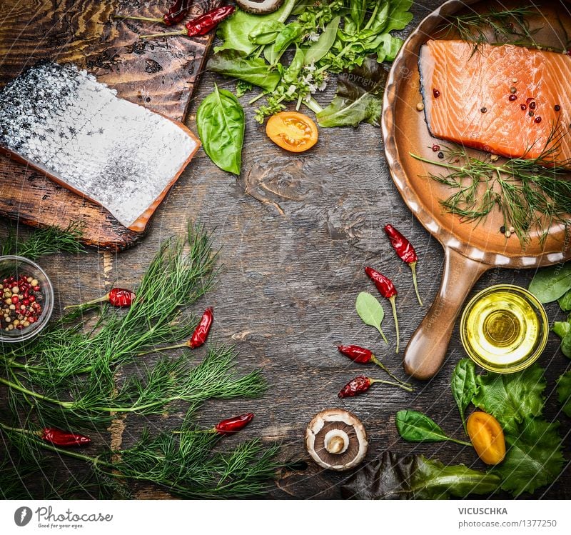 Fresh salmon fillet with ingredients for tasty cuisine Food Fish Vegetable Herbs and spices Cooking oil Nutrition Lunch Dinner Banquet Organic produce