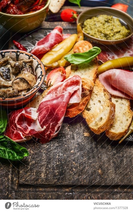 Italian specialities for antipasti Food Meat Sausage Vegetable Lettuce Salad Bread Herbs and spices Cooking oil Nutrition Lunch Buffet Brunch Banquet