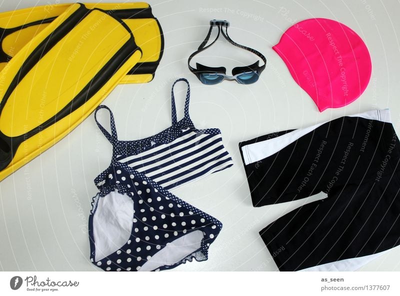 Cool at the pool Swimming pool Swimming & Bathing Water wings Bikini Swimming trunks Bathing cap Collection Lie Wet Yellow Pink Black Happiness Anticipation