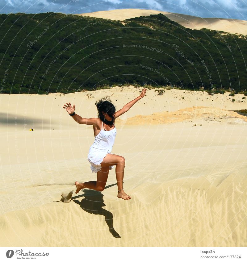 Jump! Colour photo Exterior shot Copy Space top Day Light Sunlight Central perspective Joy Playing Adventure Freedom Summer Beach Feminine Young woman