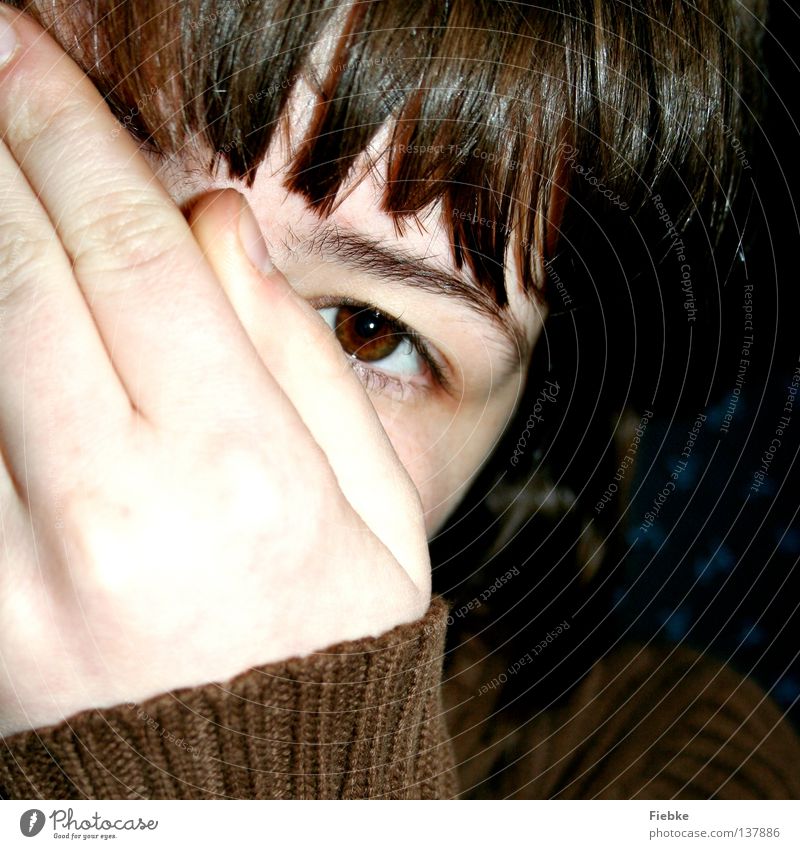 Can't see me! Brown Hand Fingers Fingernail Untidy Tousled Disheveled Jacket Sweater Eyebrow Eyelash Hide Mysterious Playing Fear Timidity Youth (Young adults)