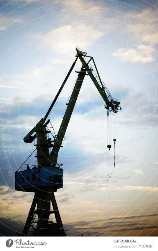 industrial romance Dockside crane Lever Crane Strong Lift Weight Erase Sunset Clouds Strike Industry Power Force Germany Cargo Harbour Sky Mince