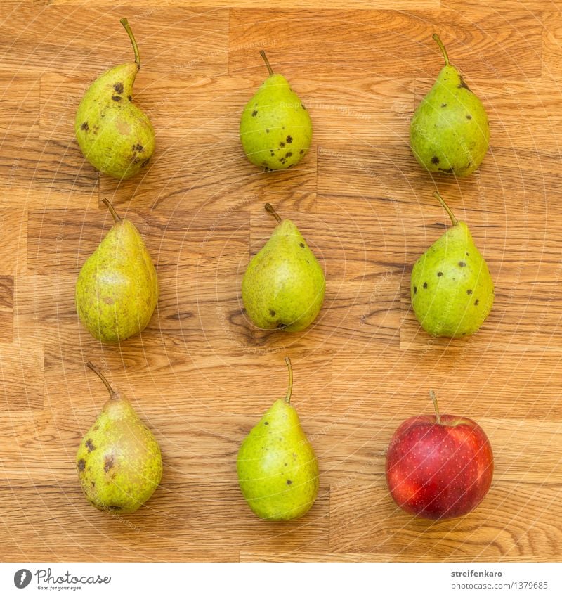 Eight pears and an apple, arranged on a wooden table Food Fruit Apple Pear Nutrition Eating Organic produce Vegetarian diet Diet Fast food Healthy