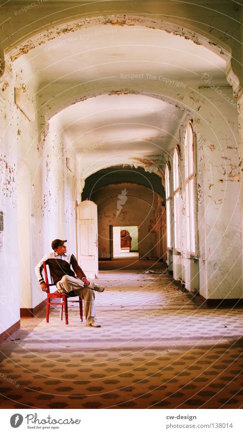CHAIR USER Man Masculine Hallway Derelict Plaster Odds and ends Things Seating Window Building House (Residential Structure) Arch Art Arts and crafts