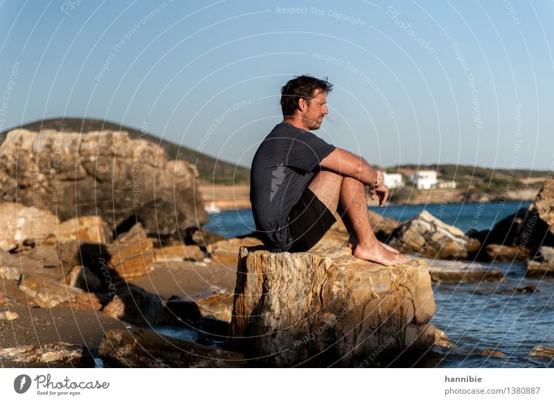 Sea smoking Vacation & Travel Sun Beach Ocean Island Human being Masculine Man Adults Friendship 1 30 - 45 years Blue Brown Greece Meditative Rock Calm