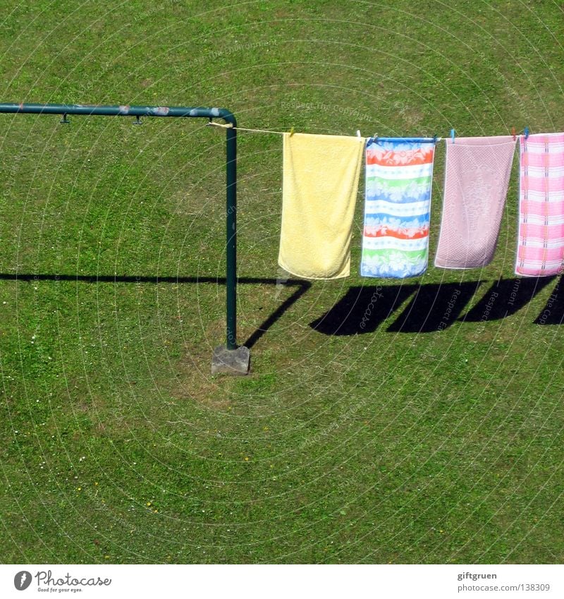 washing day Laundry Washing day Clothesline Holder Clothes peg Hang Meadow Grass Dry Fabric softener Detergent Towel Household Work and employment Multicoloured
