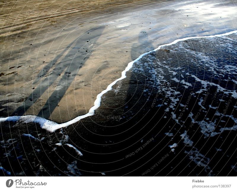 Evening beach walk Beach Ocean Grain of sand Waves Foam Sea water Walk on the beach Footwear Vacation & Travel Summer Relaxation Sunset Low tide Tide Footprint