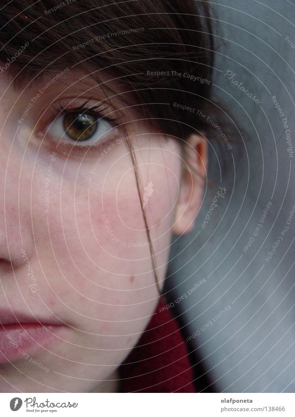 Half Woman Cheek Gray Red Pink Sweet Friendliness Portrait photograph Near Grief Calm Face Eyes Hair and hairstyles Mouth Nose Ear Line Sadness Looking Emotions