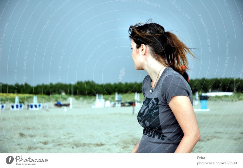 farsightedness Tuscany Ocean Coast Woman Far-off places Vantage point Sand Beach Summer Thunder and lightning Weather Ponytail Italy Looking Force of nature