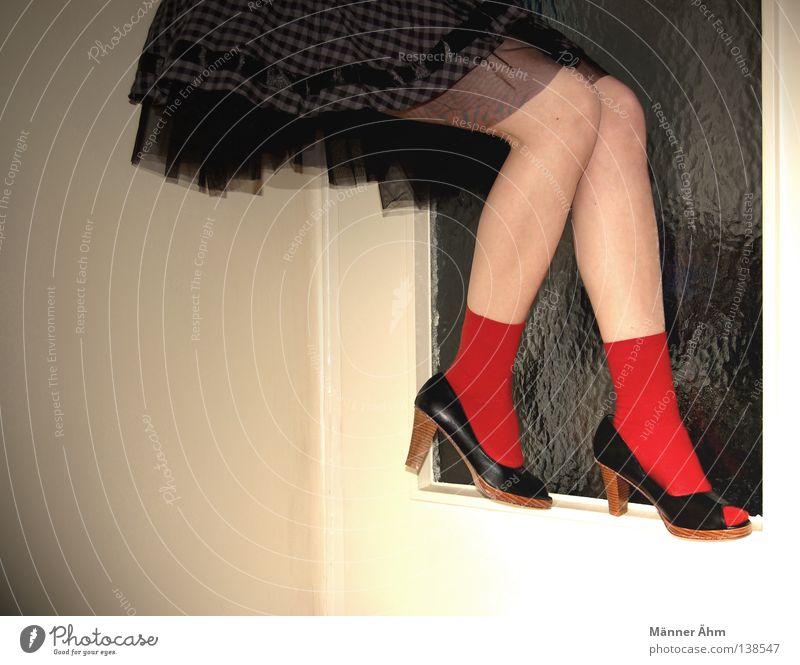 Balancing act. Footwear Dress Stockings Tip of the toe Doorframe Woman Knee Contentment Balance Clothing Tulle Red Flat (apartment)