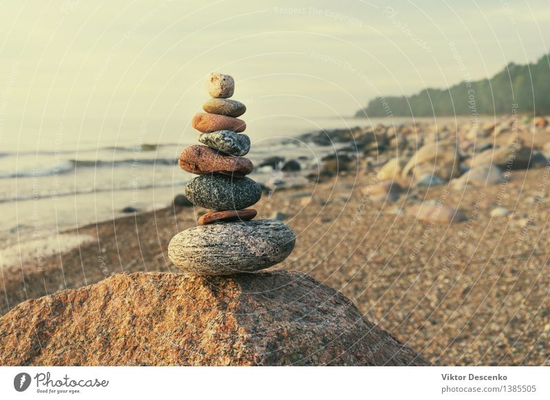 Stable pyramid of several stones Happy Harmonious Relaxation Spa Tourism Summer Beach Ocean Group Nature Sand Sky Horizon Forest Coast Baltic Sea Stone Small