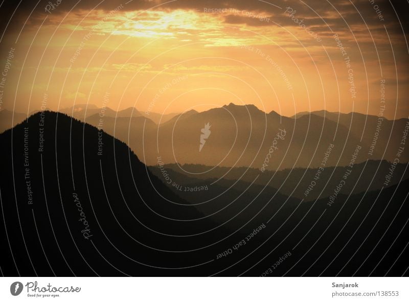 Sunset High mountain region Heavenly Mountain range Wetterstein Fog Bad weather Clouds Change in the weather Dream Gorgeous Siesta Tall Calm Remote Light