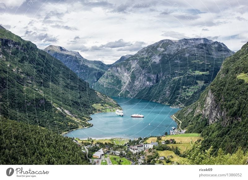View of the Geirangerfjord Relaxation Vacation & Travel Mountain Nature Landscape Water Clouds Fjord Idyll Tourism Norway cruise liners Møre og Romsdal