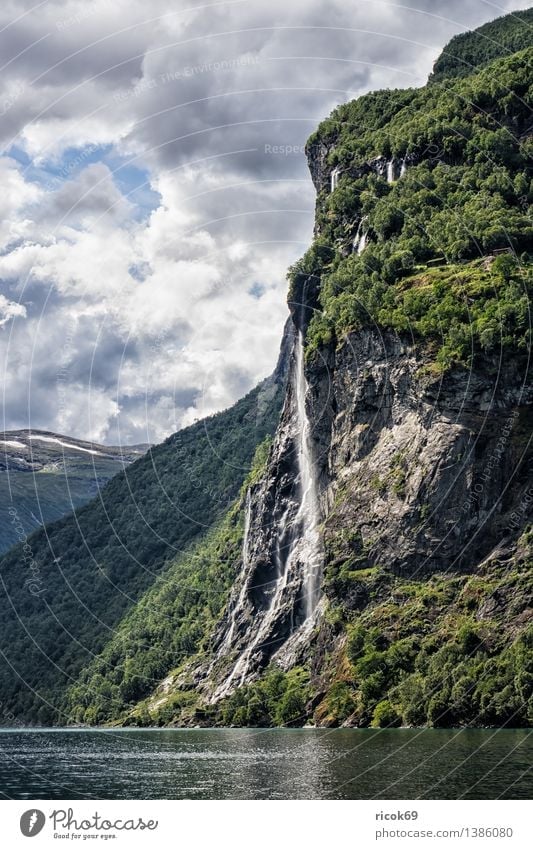 Waterfall in the Geirangerfjord Relaxation Vacation & Travel Mountain Nature Landscape Clouds Fjord Idyll Tourism Norway Seven Sisters Møre og Romsdal