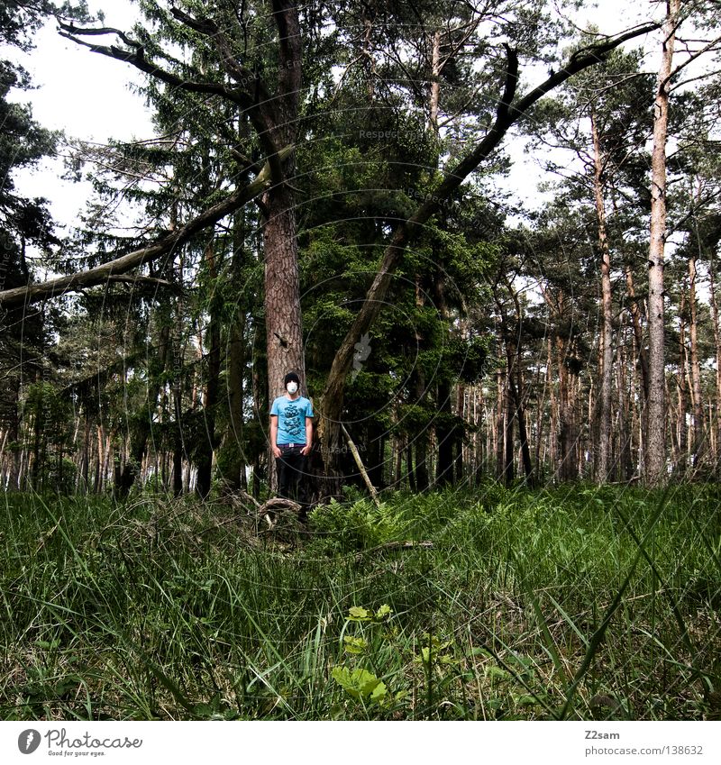 nature boy Forest-dweller Man Masculine Tree Grass Meadow T-shirt Green Environmental protection Respirator mask Air Unwavering Stand Nature Blue Landscape