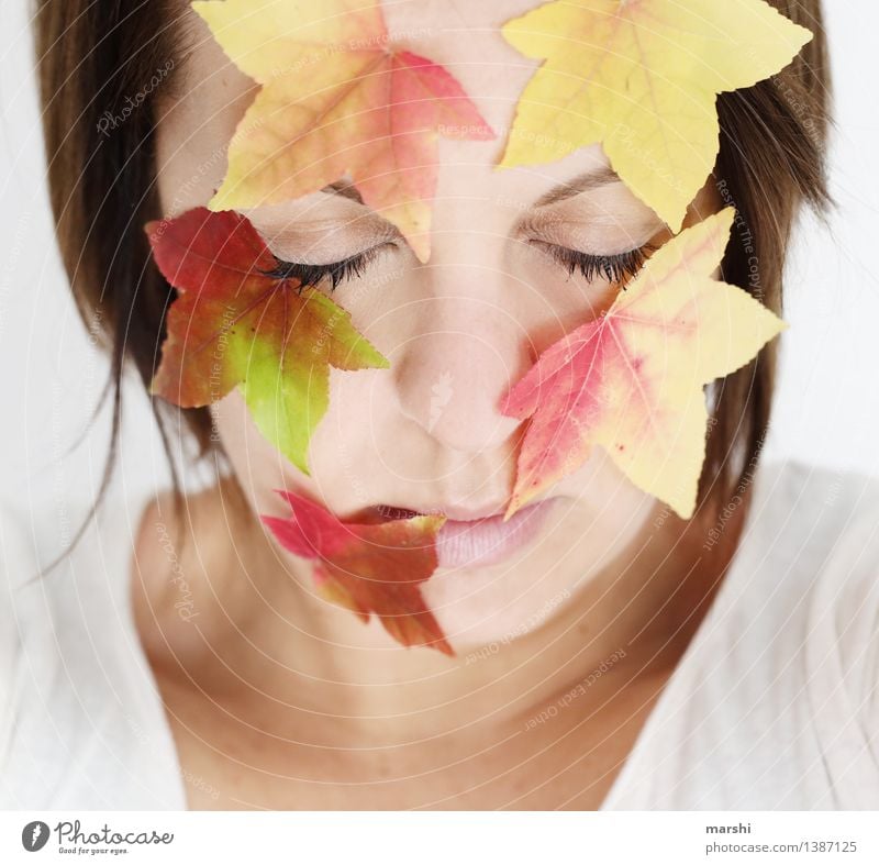 autumn face Human being Feminine Young woman Youth (Young adults) Woman Adults Head 1 30 - 45 years Environment Nature Plant Autumn Leaf Emotions Moody