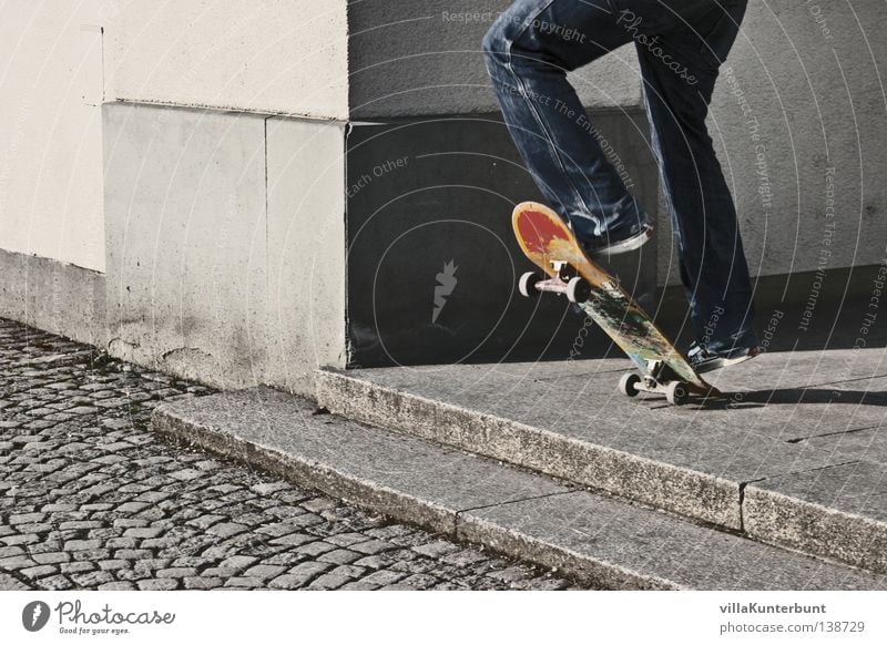 BEFORE THE JUMP Gray Leisure and hobbies Jump Patch of colour Skateboarding Legs Corner Stairs Jeans Cobblestones