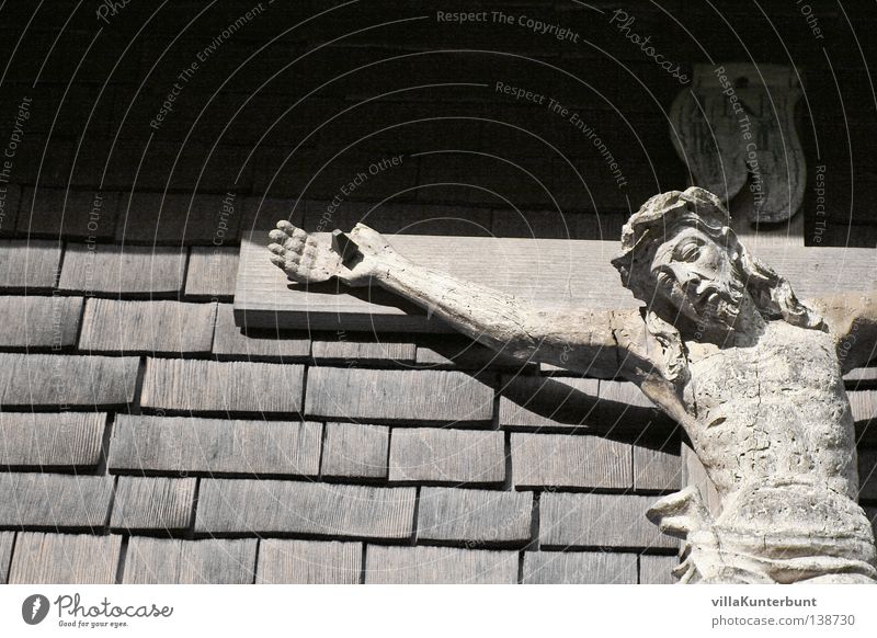 Father's house wall Jesus Christ Crucifix Roofing tile Black White Wall (building) Detail Back inri Black & white photo