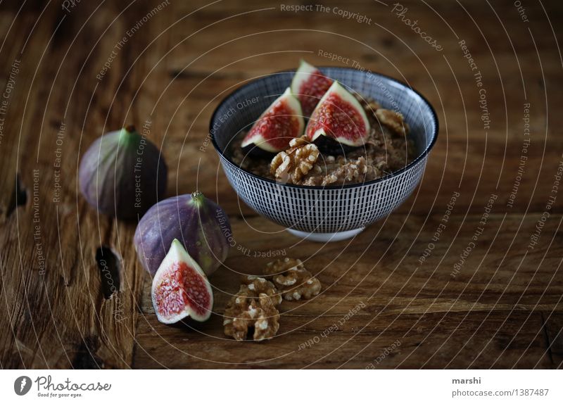 FigSnack II Food Fruit Dessert Nutrition Eating Vegetarian diet Emotions Moody Fig leaf Walnut Cereal Bowl Wooden table Tasty Sweet Food photograph