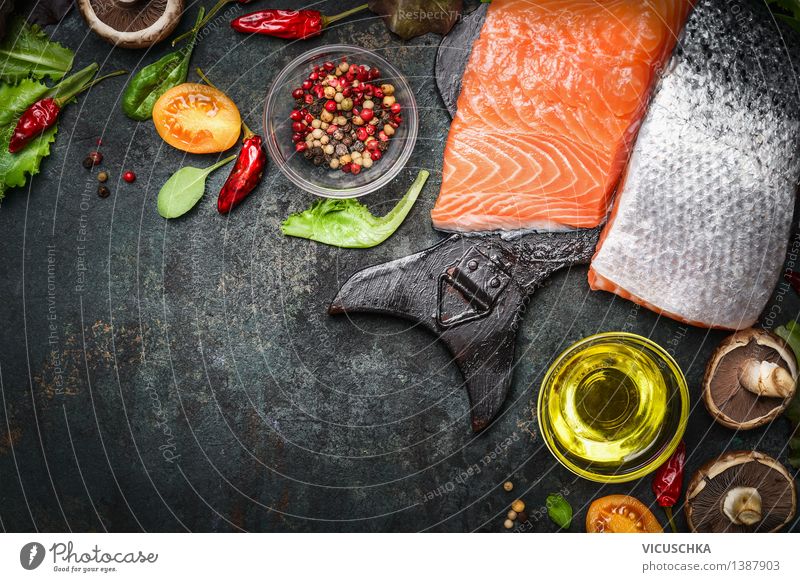 Salmon fillet with delicious ingredients for cooking Food Fish Vegetable Lettuce Salad Herbs and spices Cooking oil Nutrition Lunch Dinner Organic produce