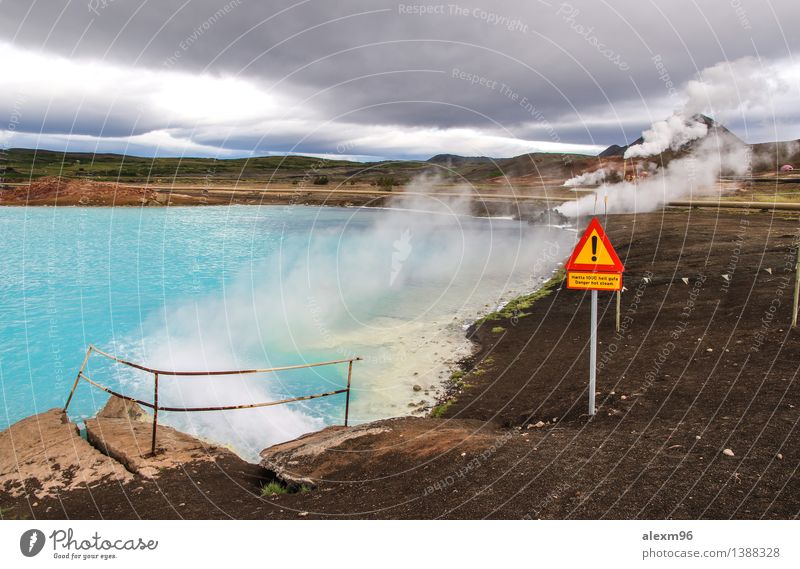 Dangerous blue hot spring in Iceland with sign Environment Nature Earth Fire Water Drops of water Summer Gale Hill Rock Volcano Bizarre Steam Turquoise peril