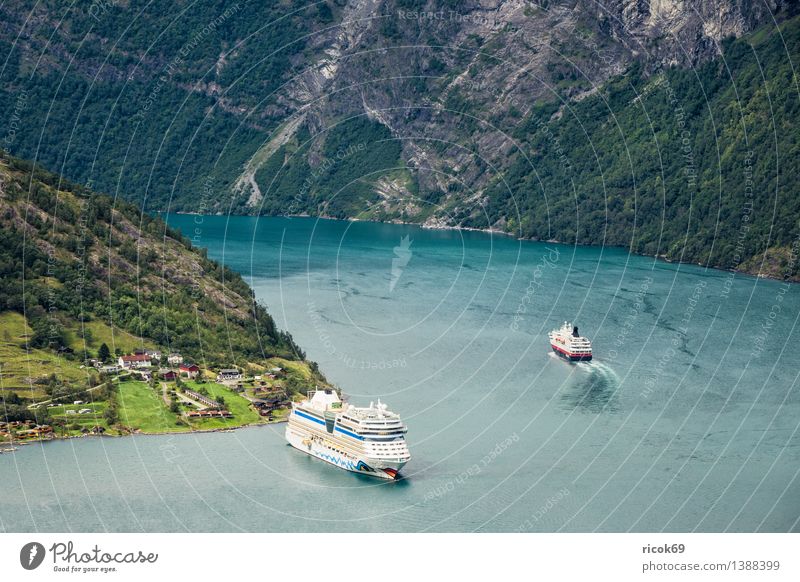 Cruise ships in the Geirangerfjord Relaxation Vacation & Travel Mountain Nature Landscape Water Coast Fjord Transport Navigation Passenger ship Cruise liner